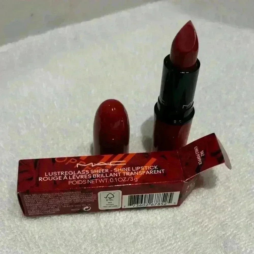 Mac Cosmetics Lusterglass Sheer-Shine Lipstick in Chili Popper (562) NIB